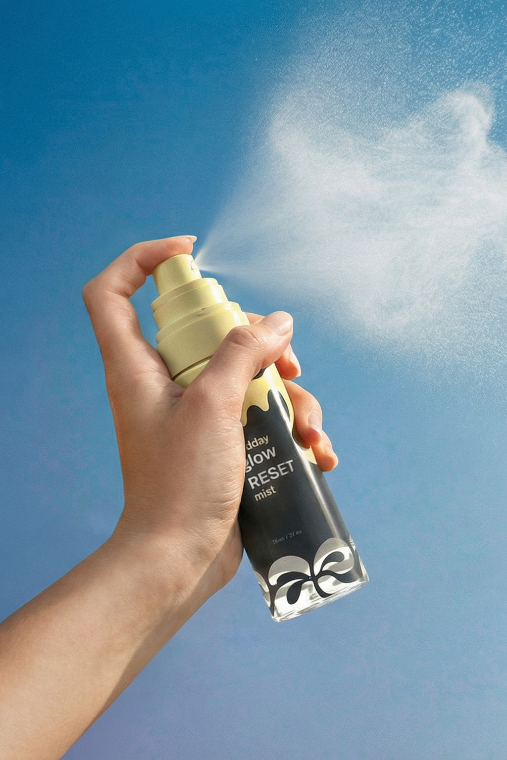 A hand holding the daezls Midday Glow Reset Mist bottle up against a bright blue sky, actively spraying — a fine, even mist cloud dispersing into the air, showcasing the lightweight and ultra-fine spray application of the product.