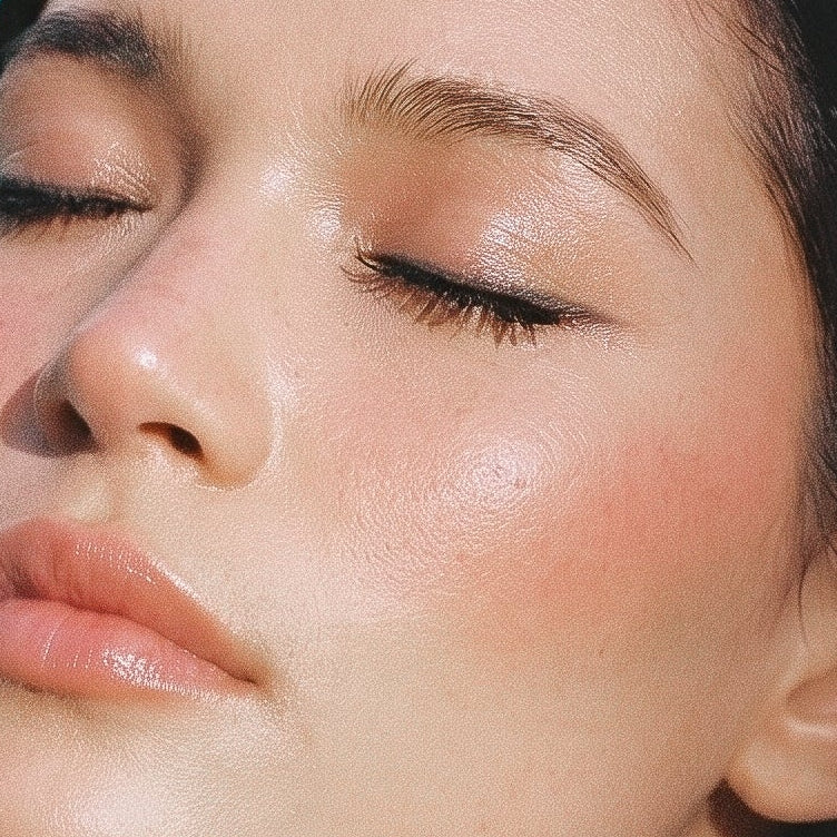 Extreme close-up of a woman's face with full makeup — dewy, glass skin finish visible beneath foundation, natural flush on cheeks, glossy lips. Illustrates that daezls Midday Glow Reset Mist can be applied directly over makeup for a midday glow reset.