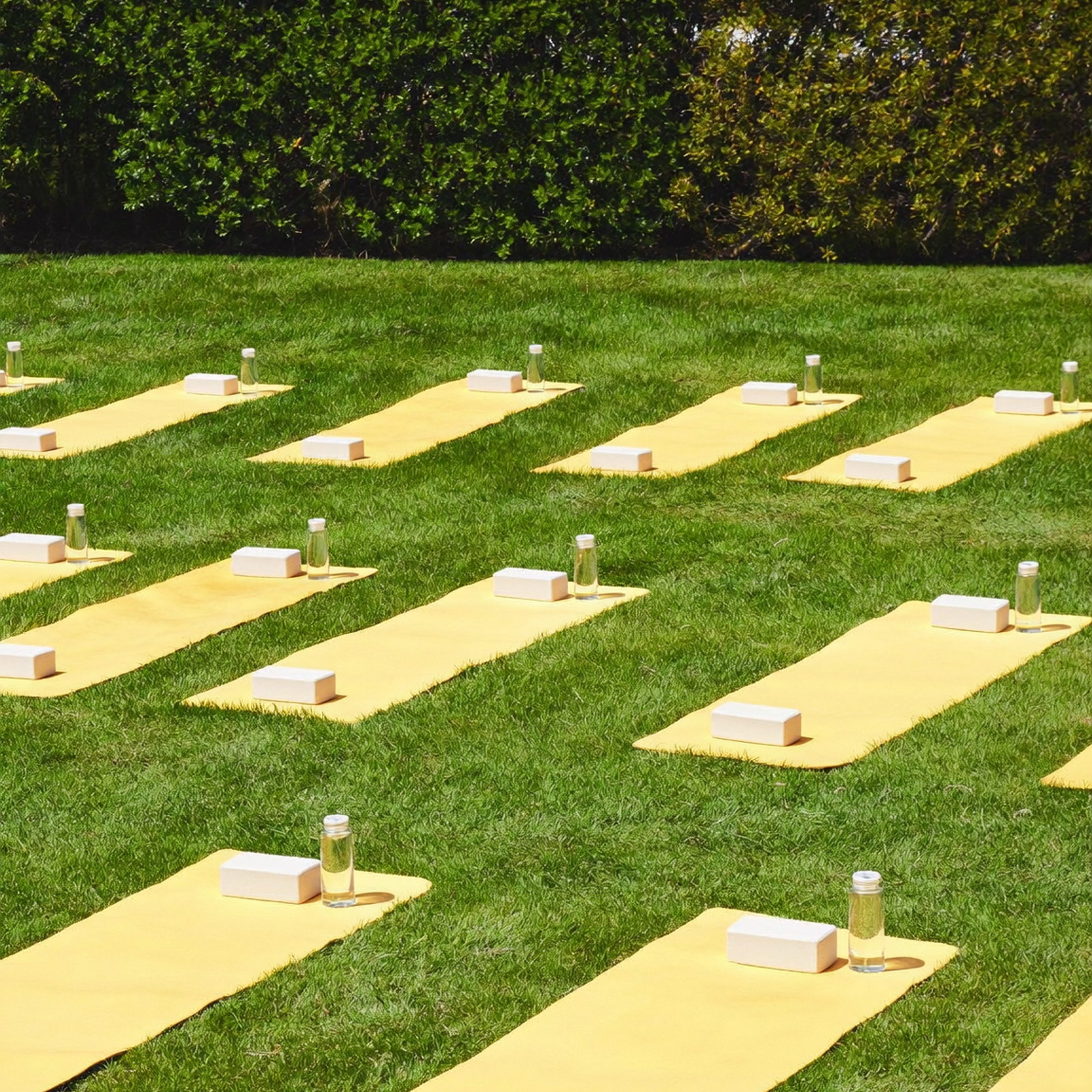 Rows of yellow yoga mats arranged on an outdoor grass lawn, each with a yoga block and glass water bottle — bright midday sunlight, open-air workout setting. Used to illustrate outdoor exercise occasions for daezls Midday Glow Reset Mist.